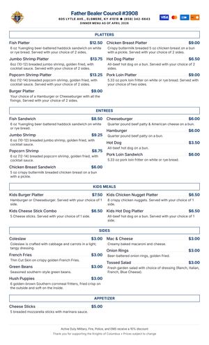 Lenten Fish Fry - Dinner Menu 2026 | KofC Council 3908